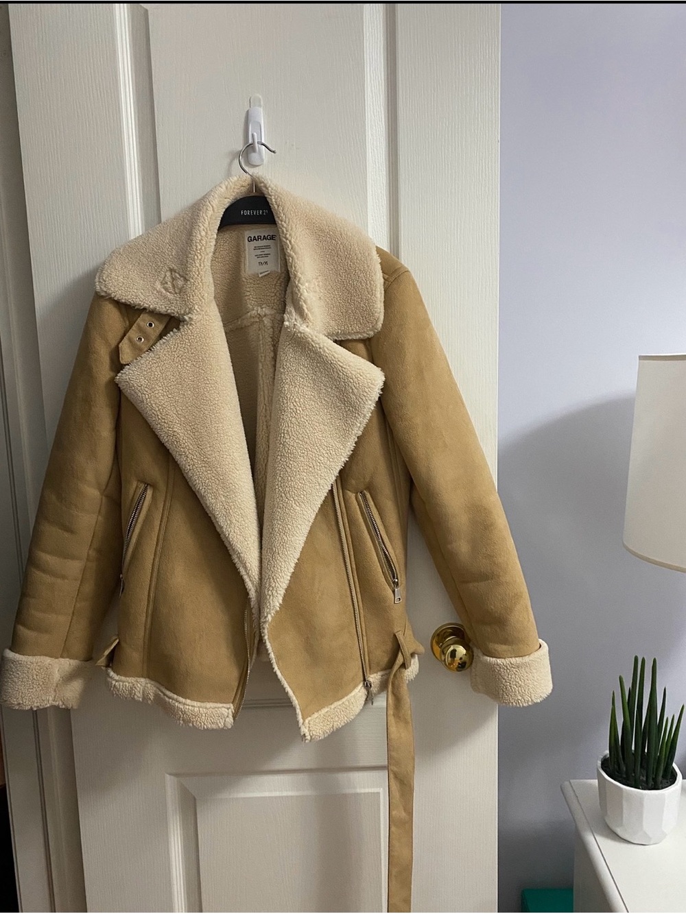 Garage Tan Faux Shearling Moto Jacket with Cream Lining
